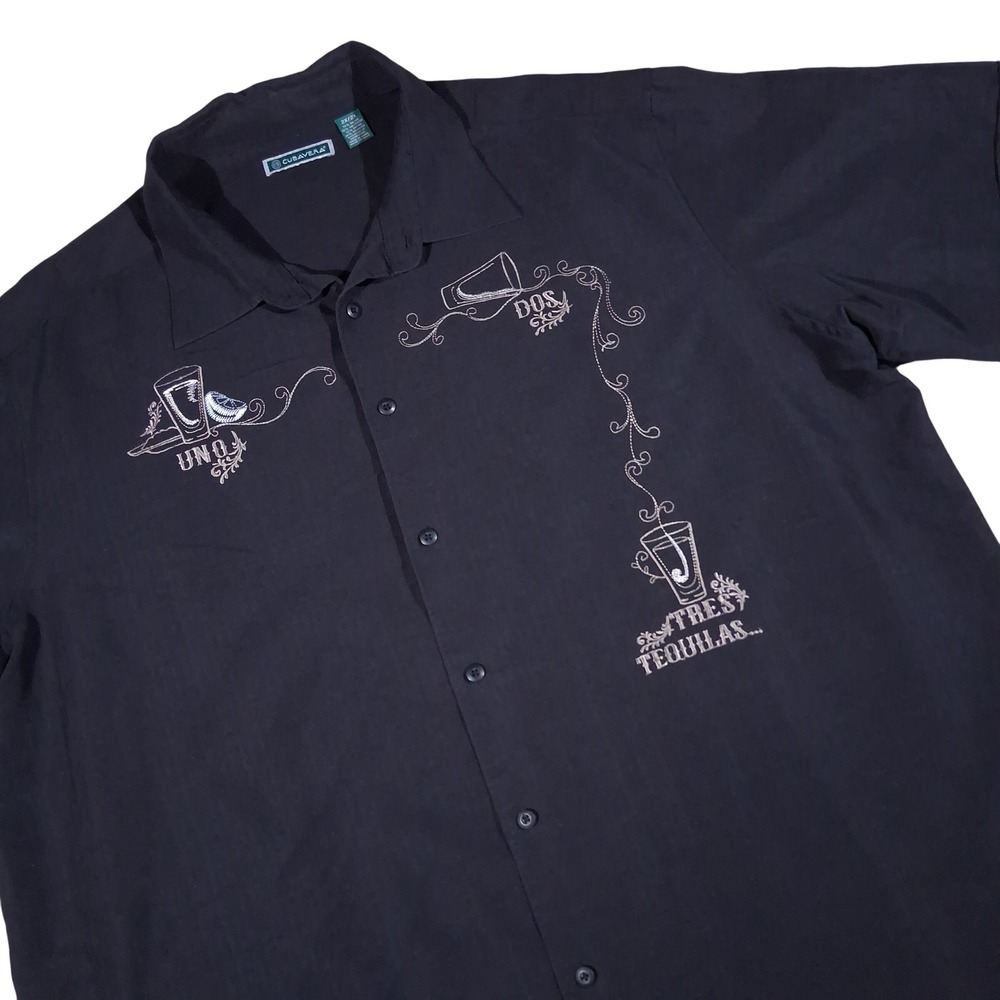 Cubavera Mens 2XL Black Uno Dos Tres Tequilas Embroidered Camp Shirt Rayon Blend